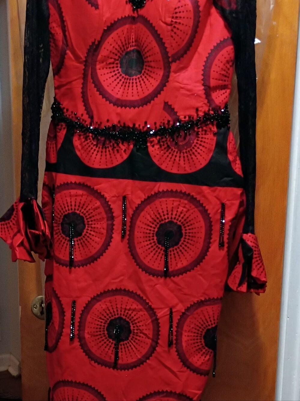 Red and Black Beaded Circle Print Dress